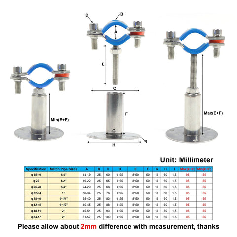 Amazon Kodilin 4-pack stainless steel pipe clamp mounts for 3/4 in OD pipes; wall/ceiling supports with screws