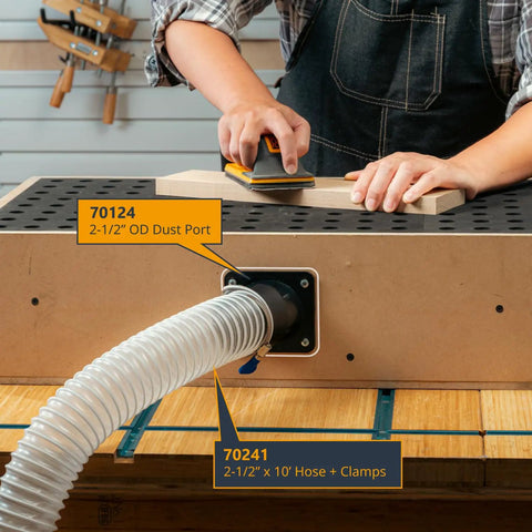 Secure Your Weekend Warrior Project With This Universal 2-1/2 Inch Dust Collection Port And Vacuum Hose Connector Flange For Table Saws Jointers Planers And Woodshop Gear, 2-1/2" dust port with connecting hose in workshop.