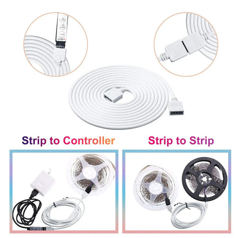 Six Piece 4 Pin RGB Extension Cable Kit With 12 Pin Plugs For 5050 And 3528 RGB LED Strip Lights coiled cable and connections.