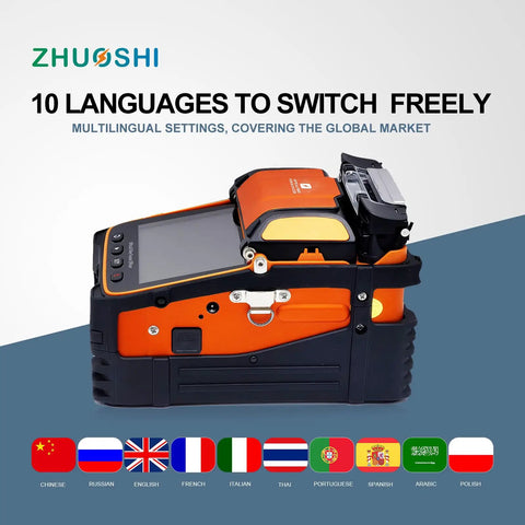 Six Motor Fiber Fusion Splicer with Core Alignment Visual Fault Locator and Optical Power Meter in multilingual setup.