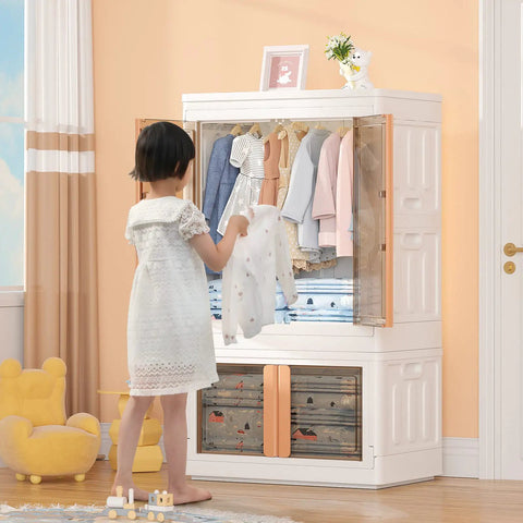 Kid Closet Organizer Kit With Collapsible Wardrobe, Plastic Bins, Hanging Rod, Stackable Shelves And Dresser Cabinet, 39.6 Gallon Capacity, Easy Kids Clothes And Toy Storage System For Tidy Rooms in bedroom setting