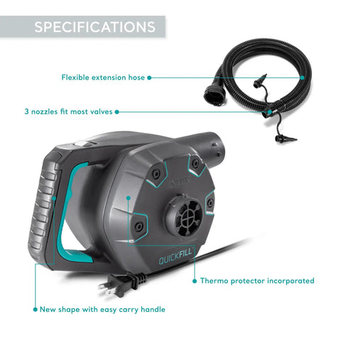 Indoor 120 Volt AC Inflatable Pump For Pools Floats And Air Beds Fast Inflate Deflate 38.9 CFM Three Interchangeable Nozzles Easy Plug In For Quick Indoor Setup, showing flexible hose and nozzles.