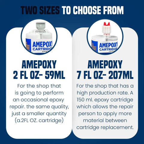 Two sizes of Amepoxy cartridges, 2 fl oz (59ml) and 7 fl oz (207ml), shown for occasional and high production epoxy repair needs.