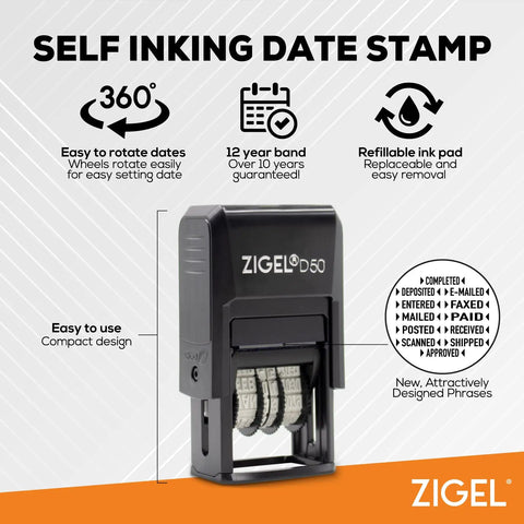 D50 Self Inking Date Stamp With Emailed Date Feature Two Color Blue And Red Ink Pad 5/32 Inch Date Size Reinkable 12 Year Date Band