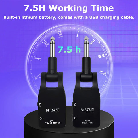 Wireless Guitar System With 2.4G Tech, Cordless Transmitter And Receiver, 7.5-hour battery life display on blue background
