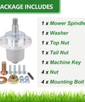 Spindle Assembly 461950 Replacement For Scag Freedom Z Pro Turf Tiger And SFZ Decks package contents including mower spindle and bolts