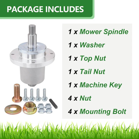 Spindle Assembly 461950 Replacement For Scag Freedom Z Pro Turf Tiger And SFZ Decks package contents including mower spindle and bolts