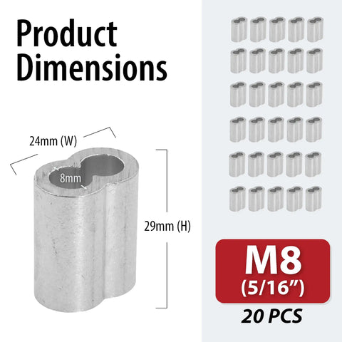 Aluminum Crimping Sleeves Set For 5/16 Cable, Double Barrel, dimensions 29mm H x 24mm W, 20 Pack, product display