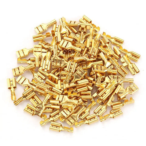 0.187 Inch Female Spade Quick Splice Crimp Terminal 4.8mm Connector Non Insulated Pack Of 100, brass gold tone