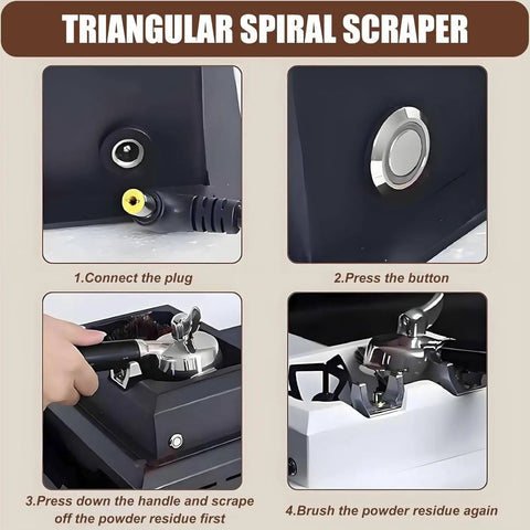 Heavy Duty Electric Espresso Knock Box With Automatic Puck Extractor showing setup steps with plug, buttons, and scraping action.