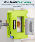 Door Latch Mortise Template Kit With Non Marking Clamp And Precision Depth Gauge Router Jig For 1-3/8 And 1-3/4 Inch Doors showing latch locator guide for centering alignment.
