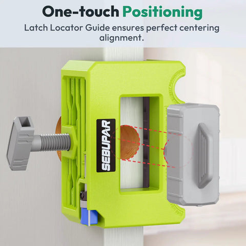 Door Latch Mortise Template Kit With Non Marking Clamp And Precision Depth Gauge Router Jig For 1-3/8 And 1-3/4 Inch Doors showing latch locator guide for centering alignment.