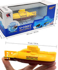 Mini RC Submarine Toy Waterproof Remote Control Underwater Diving Boat For Fish Tank Kids Gift with packaging shown and hand size reference.