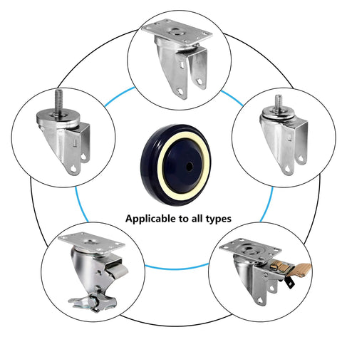 4 Inch Polyurethane Shopping Cart Wheels Pack Of Four With Stepped And Full Tread Face And Double Ball Bearing, diagram showing suitability for multiple mount types.