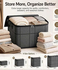 Upgraded XXL Foldable Storage Bag With Secure Full Seal Zipper holding thick quilts and sweaters in a stylish black storage bin.