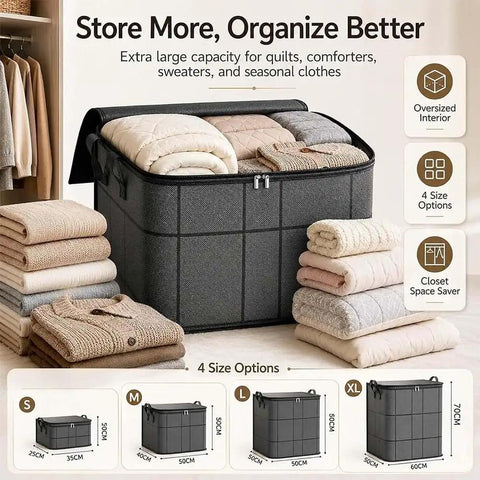 Upgraded XXL Foldable Storage Bag With Secure Full Seal Zipper holding thick quilts and sweaters in a stylish black storage bin.