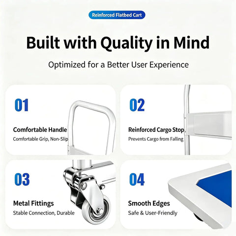 Heavy Duty Push Cart Dolly Platform Truck Hand Truck With 1212 Lbs Capacity, Wide 35.4 X 23.6 Inch Flatbed, 6 Inch Silent Rubber Wheels, Anti Slip Casters, Your Workhorse On The Job Load Carrier, close-up of handle and wheel