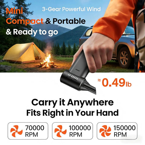 Person holding Electric Air Duster Turbo 150000 RPM With Three Gear Adjustable Mini Blower in outdoor campsite setting