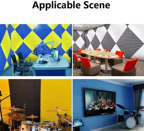 Peel And Stick Acoustic Foam Panels Thick Egg Crate Design Heavy Duty Soundproofing Tiles Easy Cut in various room settings.