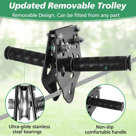Updated removable trolley component of Ultimate Zip Line Kit For Kids And Adults Outdoor 80 Ft Quick Tighten Backyard Setup