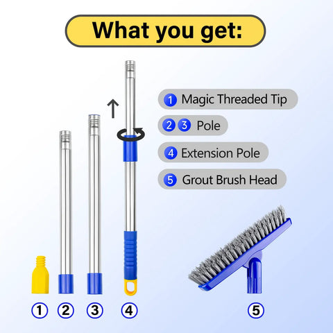 Long Reach Grout Brush With Adjustable Telescopic Handle Back Saver with 3 stainless poles and swivel scrub head parts