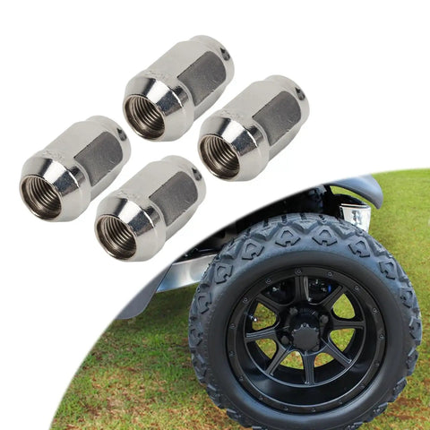 Top Shelf 16 Piece Chrome Lug Nut Kit For E Z Go And Club Car Golf Carts Fits 1/2-20 Size, chrome steel nuts shown with golf cart wheel