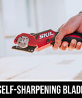 Hand holding PWR Core 12 12V Multi Cutter Kit With 2.0Ah Battery And Charger, self-sharpening blade, cutting tool close-up