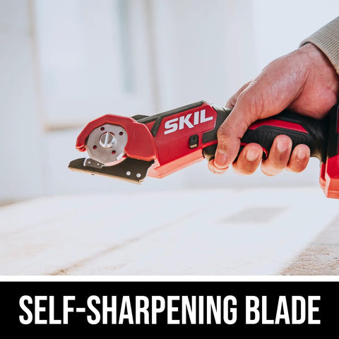 Hand holding PWR Core 12 12V Multi Cutter Kit With 2.0Ah Battery And Charger, self-sharpening blade, cutting tool close-up