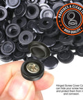 Hinged Plastic Screw Cover Caps for Exposed Mounting Screws black flip top caps 150 pcs displayed in close-up with clean finish