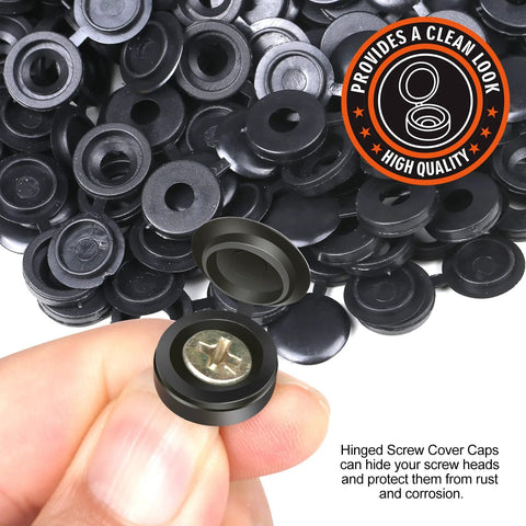 Hinged Plastic Screw Cover Caps for Exposed Mounting Screws black flip top caps 150 pcs displayed in close-up with clean finish
