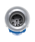 Top view of Elite Three Quarter Horsepower Garbage Disposal With Continuous Feed, stainless steel interior, blue housing