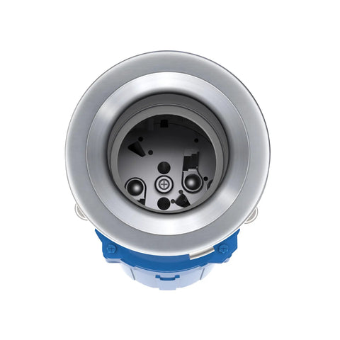 Top view of Elite Three Quarter Horsepower Garbage Disposal With Continuous Feed, stainless steel interior, blue housing