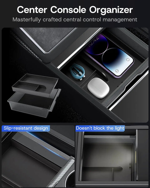 Tesla Model Y Juniper Center Console Organizer Tray 2025 2026 Premium And Performance Slick Custom Fit 8 Piece Kit interior view