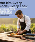 Chef using a knife with Beast All In One Knife Sharpening Stone Set next to him, featuring dual grit whetstones and leather strop.