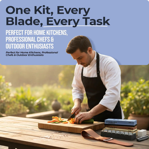 Chef using a knife with Beast All In One Knife Sharpening Stone Set next to him, featuring dual grit whetstones and leather strop.