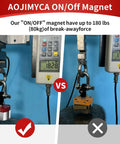 Heavy Duty 180 Lb On Off Magnetic Welding Square Base comparison with weight gauge showing 182.8 lbs