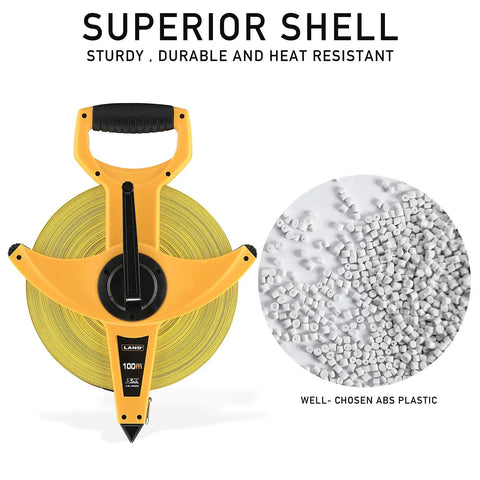 Heavy Duty Fiberglass Tape Measure 330 Feet 100 Meters Open Reel Built Tough displayed with ABS plastic material label