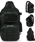 BlowBak Tactical Sling Tackle Bag Lightweight Fishing Backpack with MOLLE, camo design, side pockets, ideal for hiking or kayaking.