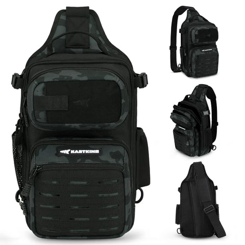 BlowBak Tactical Sling Tackle Bag Lightweight Fishing Backpack with MOLLE, camo design, side pockets, ideal for hiking or kayaking.
