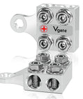 Eight Way Battery Terminal Distribution Block For Lithium Or Agm Batteries Featuring Four Awg Hole Holders Plus Threaded Studs Compact Heavy Duty Power Splitter for vehicle wiring.