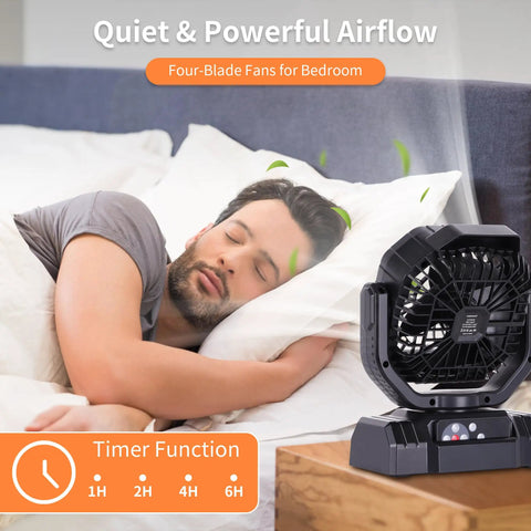 Man sleeping next to Beast 20000mAh Portable Camping Fan with Remote Control, USB C Rechargeable for quiet airflow in bedroom.