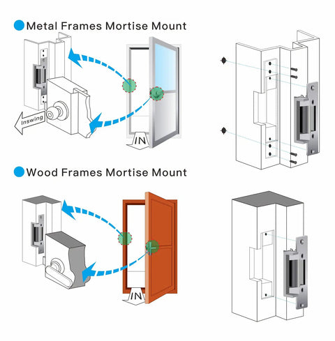 Diagrams of Heavy Duty Electric Strike Lock With Adjustable Mode For Fail Safe Or Fail Secure, 2200 Lb Jaw Strength.