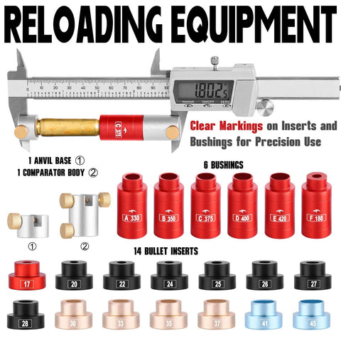 Bullet And Headspace Gauge Comparator Kit With Fourteen Inserts And Six Bushings And Anvil Base For Precise Seating Depth Measurement Of Reloaded Ammo Across Calibers.17 To.45 And Headspace Range.420 To.188.