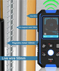 Heavy Duty Metal Detector and Wood Stud Finder, showing backlit display scanning for wood and wires in wall.