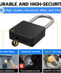 Fingerprint Padlock With Key Backup Weatherproof Biometric Lock With Bluetooth App Control Keyless Smart Electronic Lock For Outdoor Fence Gate Pool Shed Gym Locker Yard Long Shackle Security For Home Travel showing durable black body with zinc alloy.