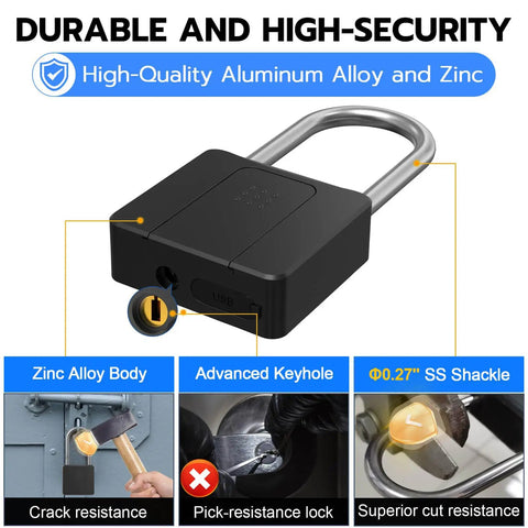 Fingerprint Padlock With Key Backup Weatherproof Biometric Lock With Bluetooth App Control Keyless Smart Electronic Lock For Outdoor Fence Gate Pool Shed Gym Locker Yard Long Shackle Security For Home Travel showing durable black body with zinc alloy.