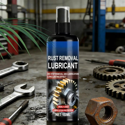 Rust Remover Spray For Metal Tools And Auto Parts Deep Penetration Rust Elimination Lubrication And Protective Coating Heavy Duty Multi Purpose Cleaner For Auto Repair Home Maintenance Industrial Equipment And Workshop Hardware Care, 100ml bottle on workshop bench