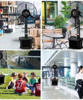Heavy Duty Industrial Misting Floor Fan With Adjustable Pedestal Stand And Three Speed Settings for garages and patios in various settings.