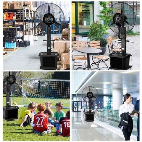 Premium Industrial Misting Floor Fan For Home And Patio in warehouse, patio, sports field, and office settings.