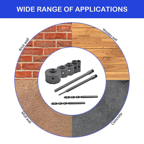 9 Piece Concrete Hole Saw Kit Heavy Duty With Tungsten Steel Core Bits For SDS Plus And SDS Max Shanks in front of application surfaces